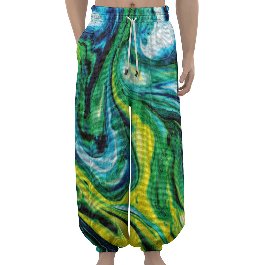 Blue And Green Acid Melt Print Lantern Pants