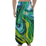 Blue And Green Acid Melt Print Lantern Pants