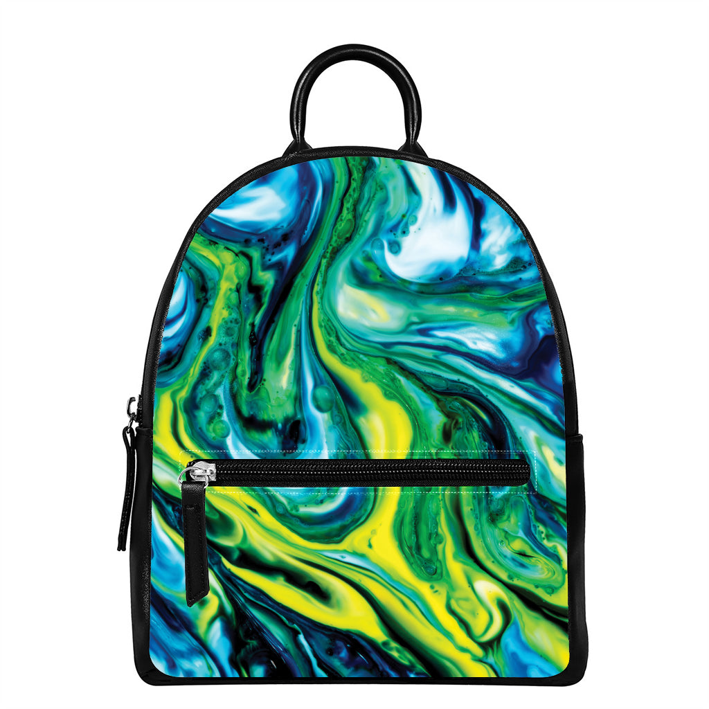 Blue And Green Acid Melt Print Leather Backpack