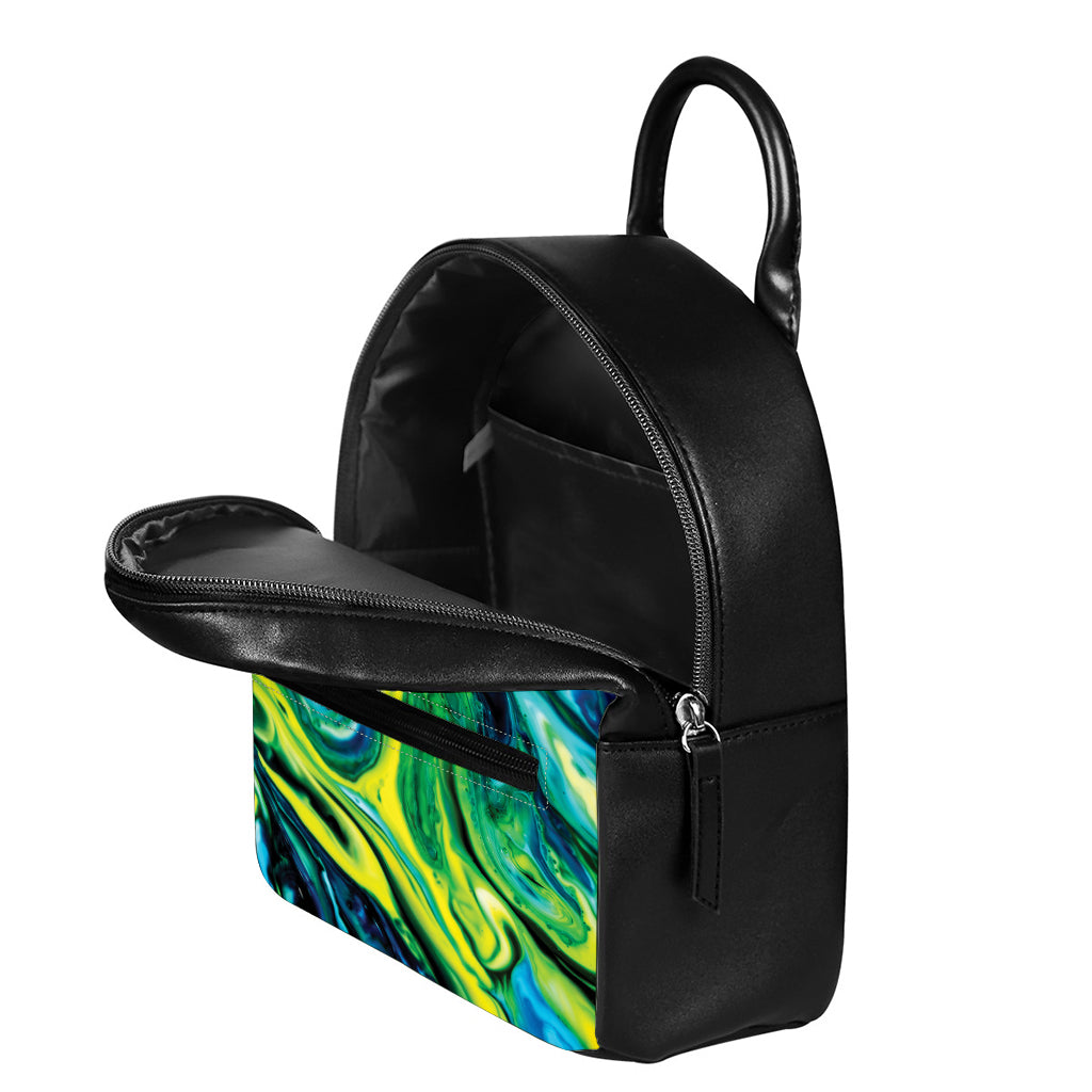 Blue And Green Acid Melt Print Leather Backpack