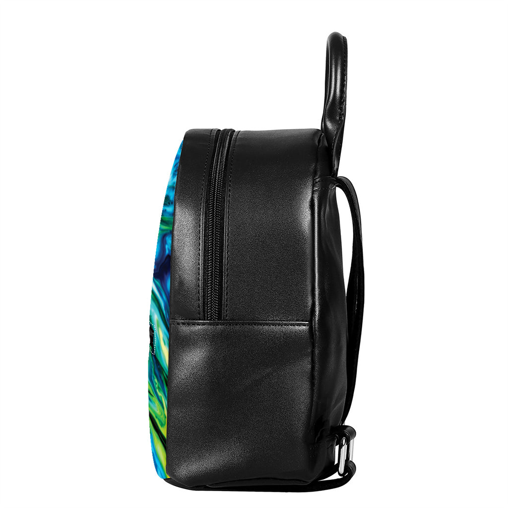 Blue And Green Acid Melt Print Leather Backpack