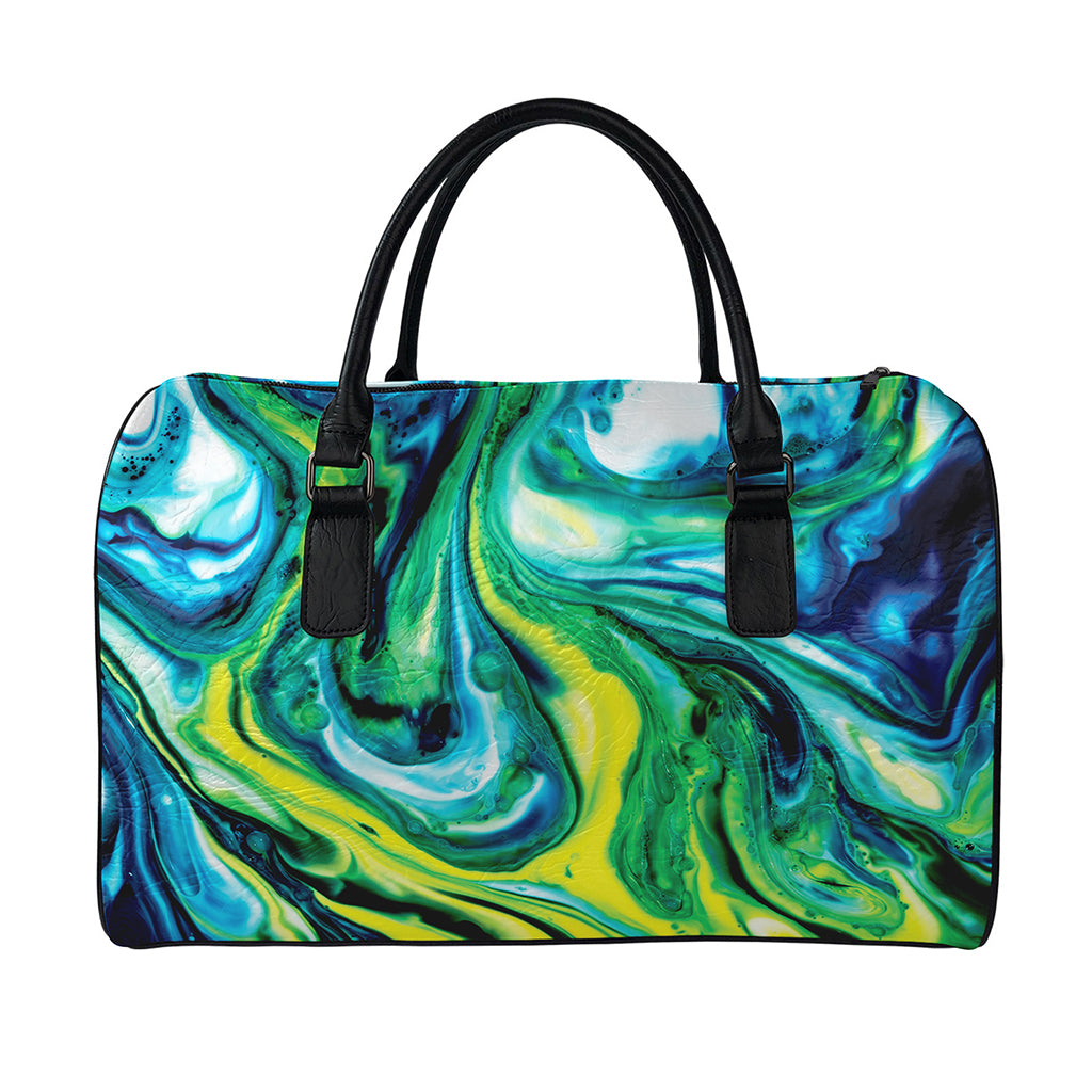 Blue And Green Acid Melt Print Leather Duffle Bag