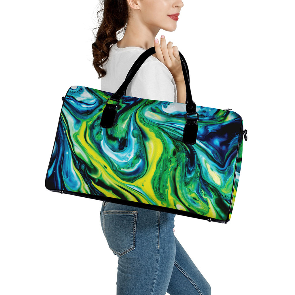 Blue And Green Acid Melt Print Leather Duffle Bag