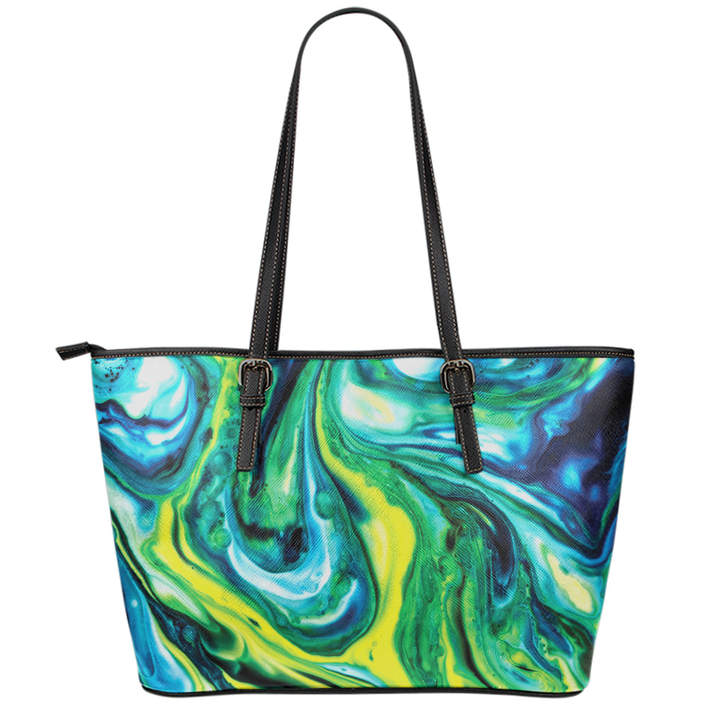 Blue And Green Acid Melt Print Leather Tote Bag