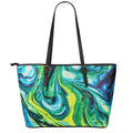 Blue And Green Acid Melt Print Leather Tote Bag With Zipper