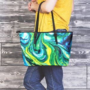 Blue And Green Acid Melt Print Leather Tote Bag