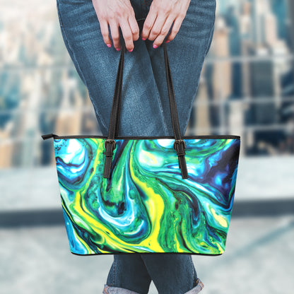 Blue And Green Acid Melt Print Leather Tote Bag