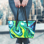 Blue And Green Acid Melt Print Leather Tote Bag