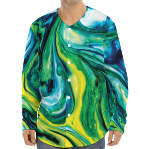 Blue And Green Acid Melt Print Long Sleeve Baseball Jersey