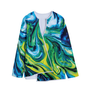 Blue And Green Acid Melt Print Long Sleeve Short Coat