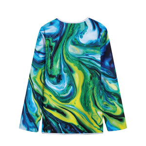 Blue And Green Acid Melt Print Long Sleeve Short Coat