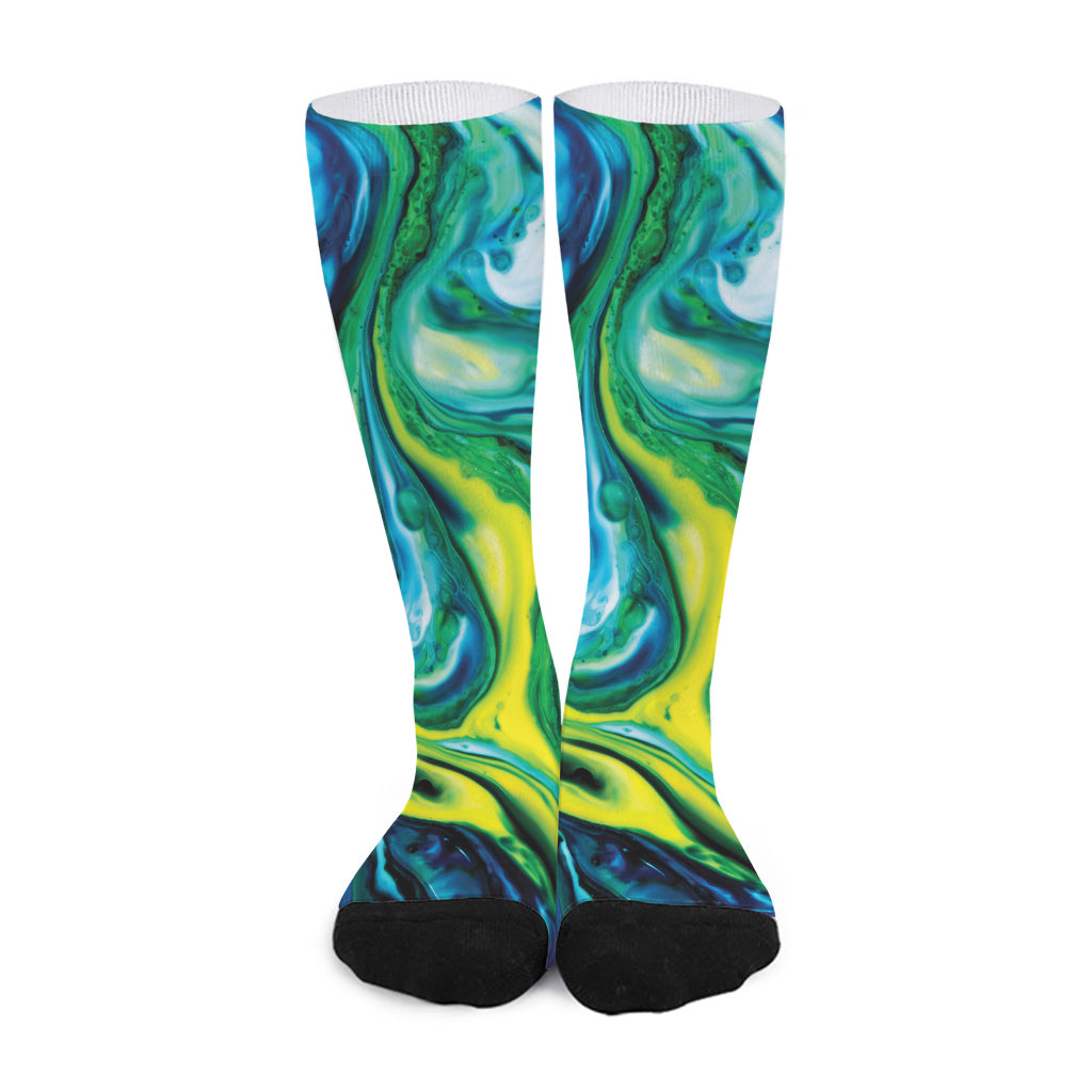 Blue And Green Acid Melt Print Long Socks