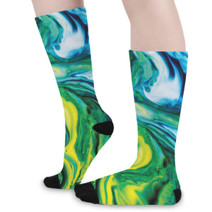 Blue And Green Acid Melt Print Long Socks