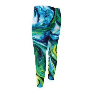 Blue And Green Acid Melt Print Men's Compression Pants