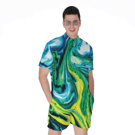 Blue And Green Acid Melt Print Men's Rompers