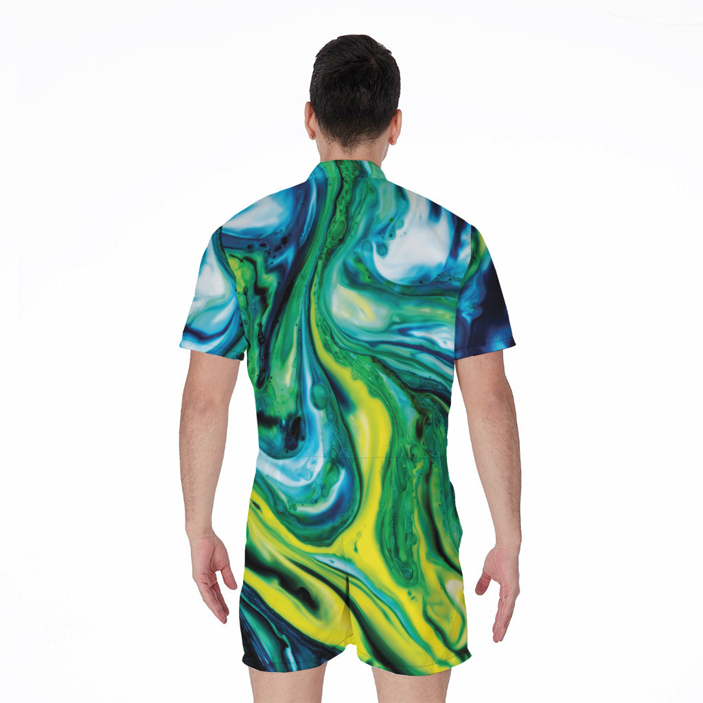 Blue And Green Acid Melt Print Men's Rompers