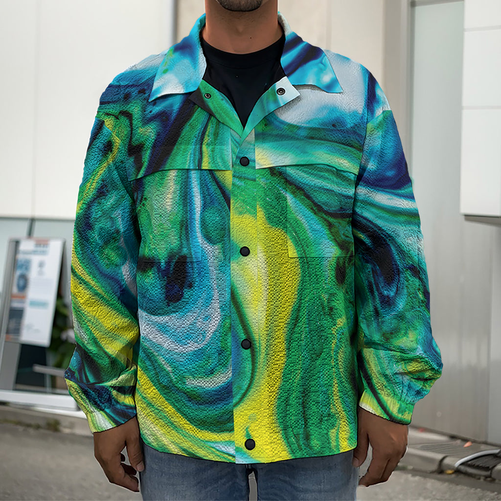 Blue And Green Acid Melt Print Men's Shirt Jacket