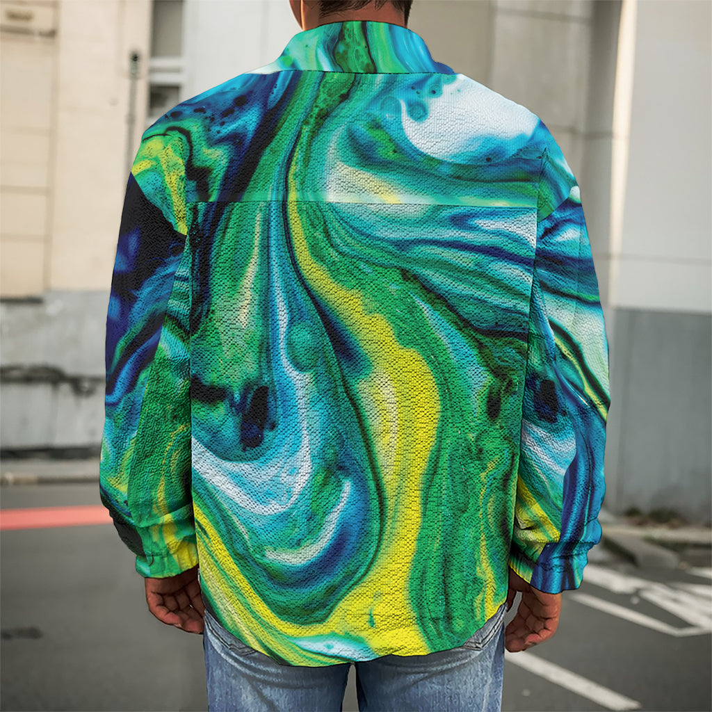 Blue And Green Acid Melt Print Men's Shirt Jacket