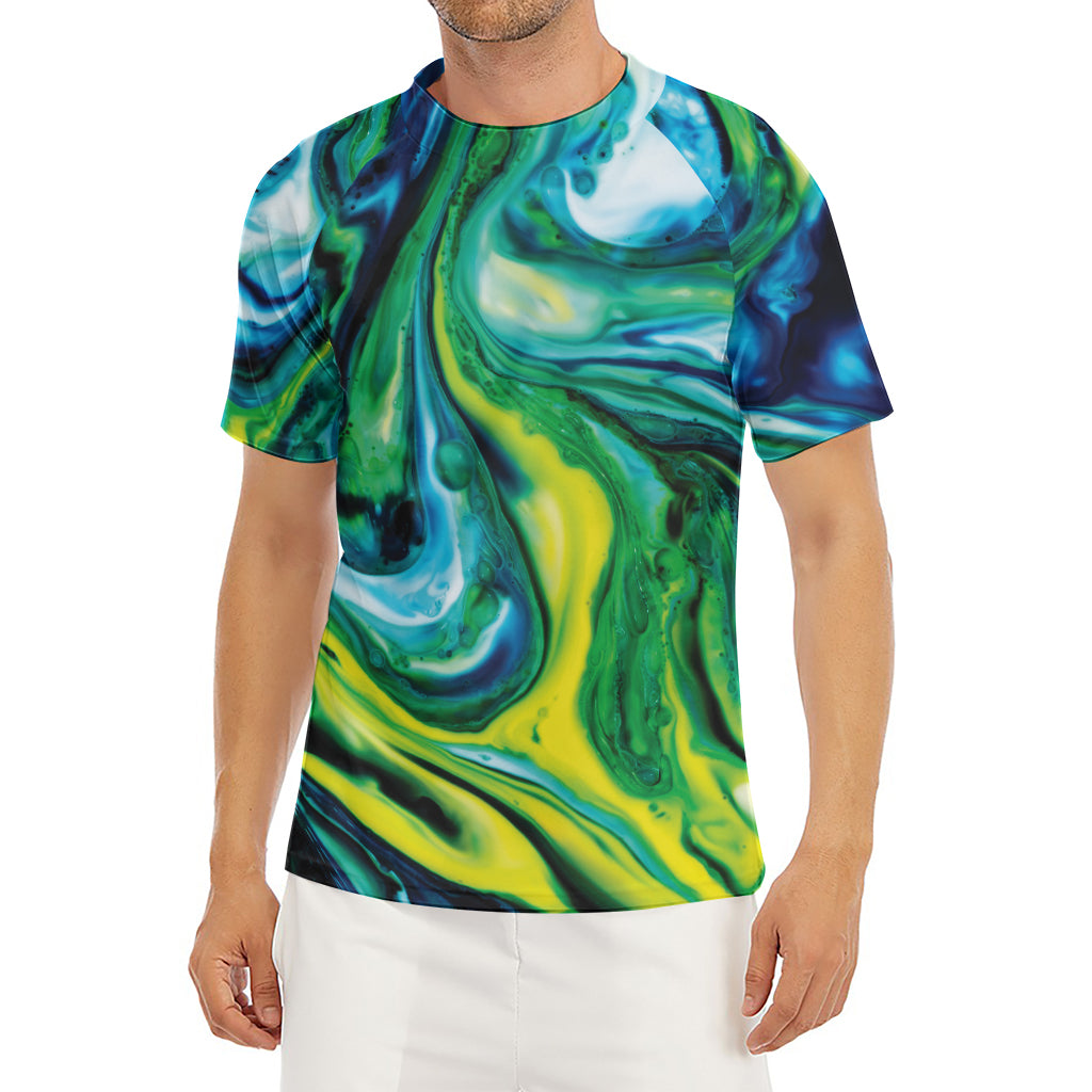 Blue And Green Acid Melt Print Men's Short Sleeve Rash Guard