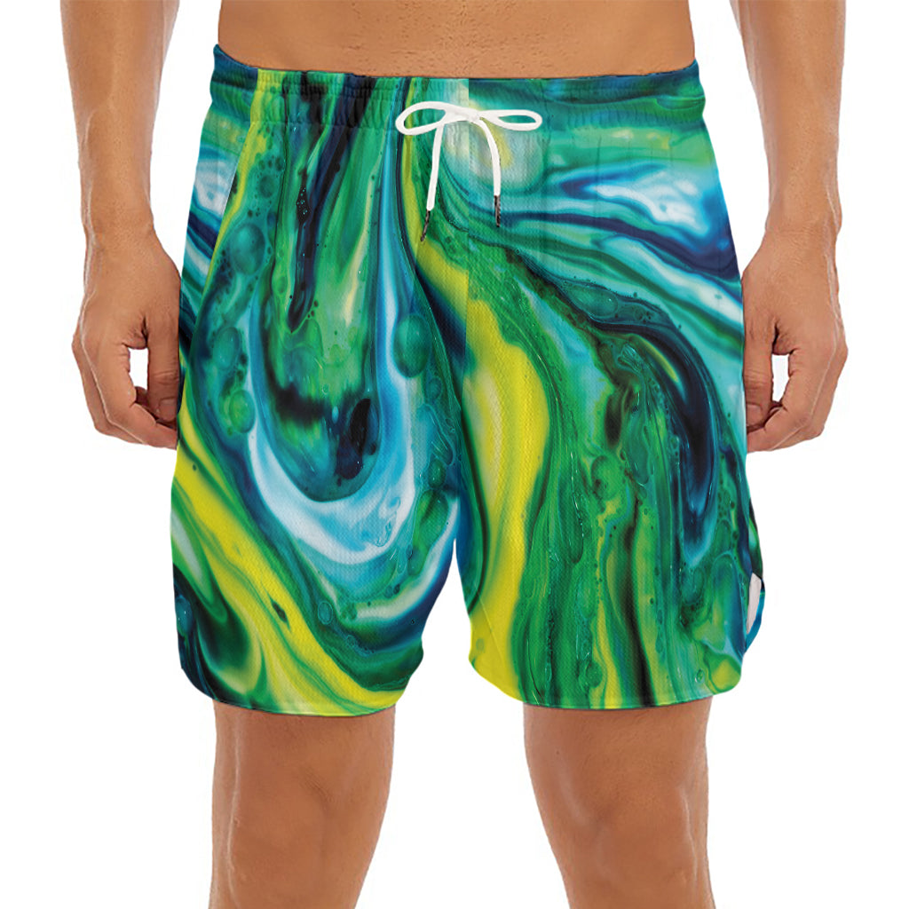 Blue And Green Acid Melt Print Men's Split Running Shorts