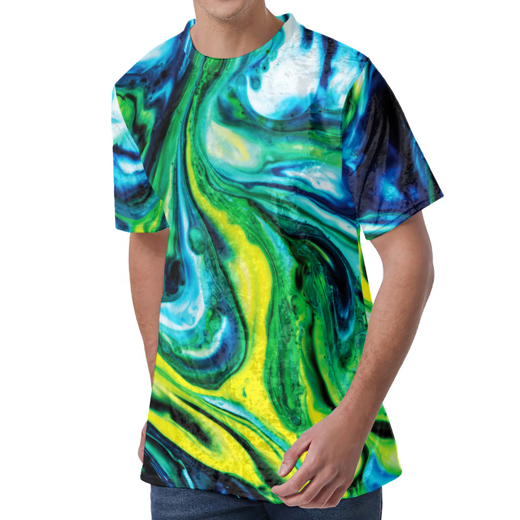 Blue And Green Acid Melt Print Men's Velvet T-Shirt