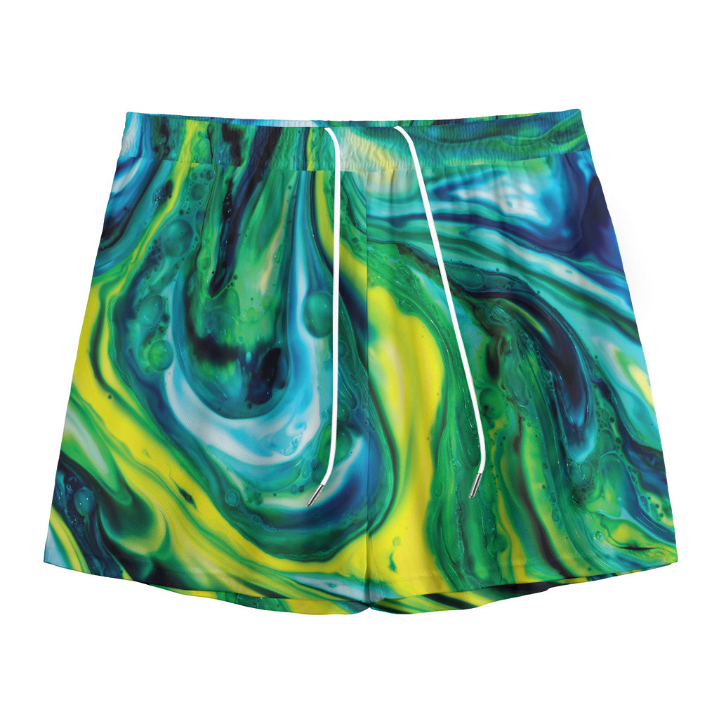 Blue And Green Acid Melt Print Mesh Shorts