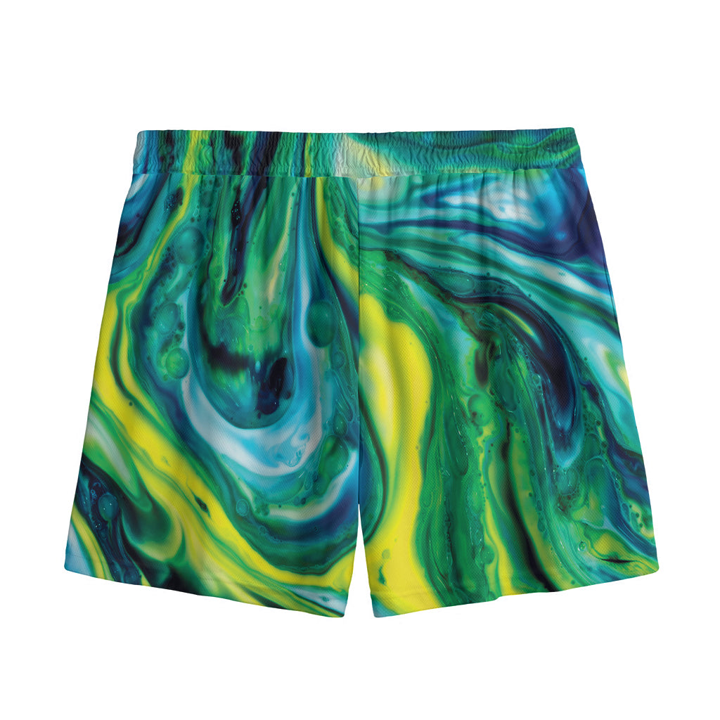 Blue And Green Acid Melt Print Mesh Shorts