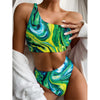 Blue And Green Acid Melt Print One Shoulder Bikini Top