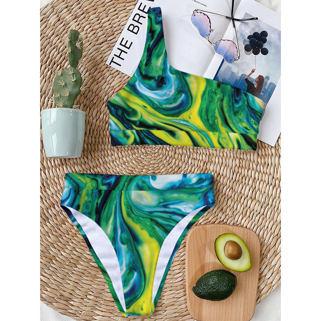 Blue And Green Acid Melt Print One Shoulder Bikini Top