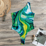 Blue And Green Acid Melt Print One Shoulder Bodysuit