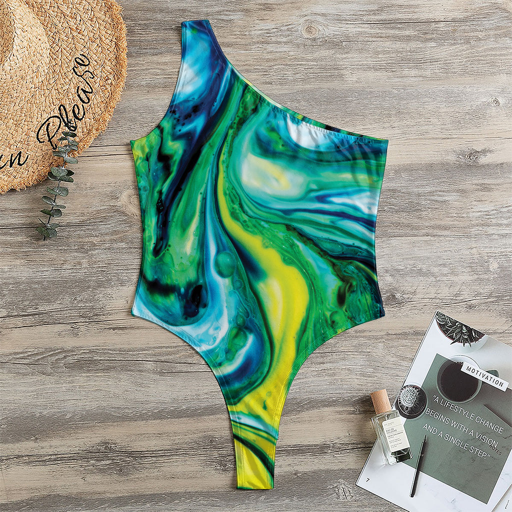 Blue And Green Acid Melt Print One Shoulder Bodysuit