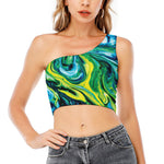 Blue And Green Acid Melt Print One Shoulder Crop Top