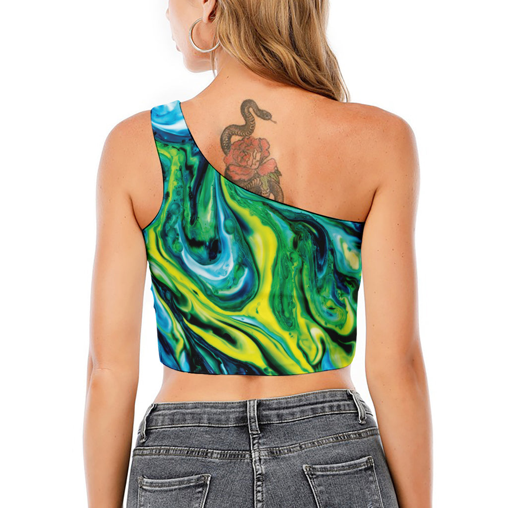 Blue And Green Acid Melt Print One Shoulder Crop Top