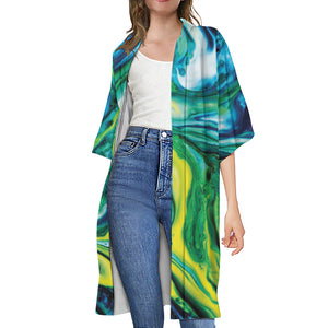 Blue And Green Acid Melt Print Open Front Beach Cover Up