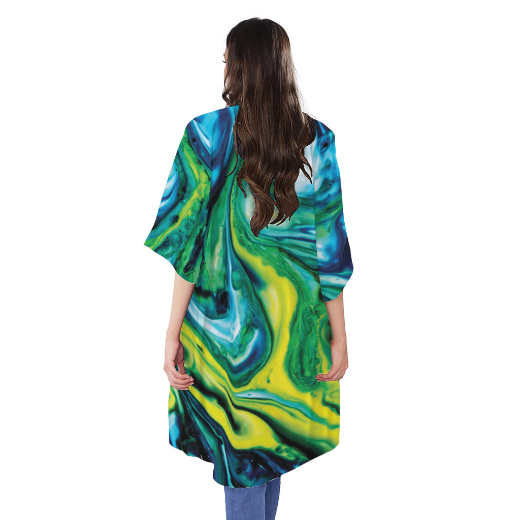 Blue And Green Acid Melt Print Open Front Beach Cover Up