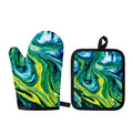 Blue And Green Acid Melt Print Oven Mitt And Pot Holder Set