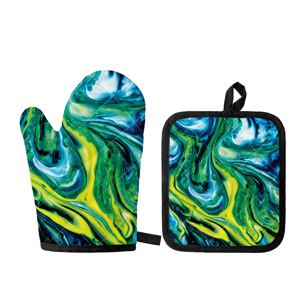 Blue And Green Acid Melt Print Oven Mitt And Pot Holder Set