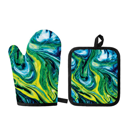 Blue And Green Acid Melt Print Oven Mitt And Pot Holder Set