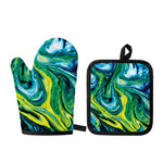 Blue And Green Acid Melt Print Oven Mitt And Pot Holder Set