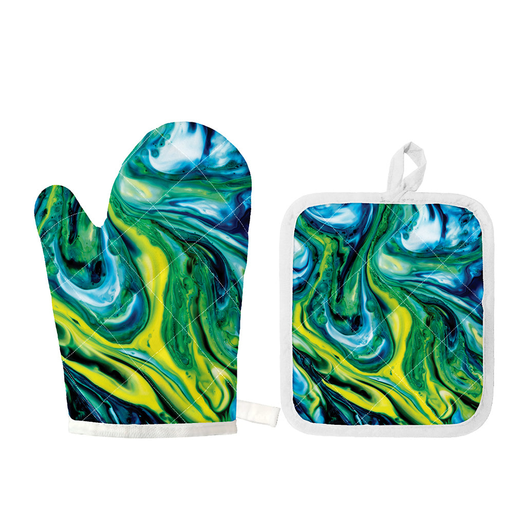 Blue And Green Acid Melt Print Oven Mitt And Pot Holder Set