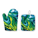 Blue And Green Acid Melt Print Oven Mitt And Pot Holder Set
