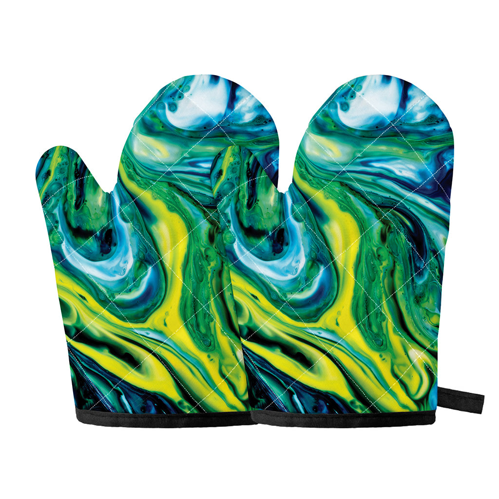 Blue And Green Acid Melt Print Oven Mitts