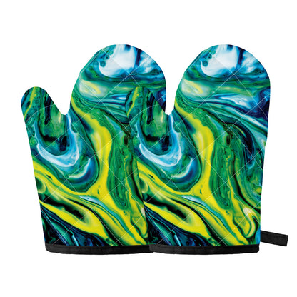 Blue And Green Acid Melt Print Oven Mitts