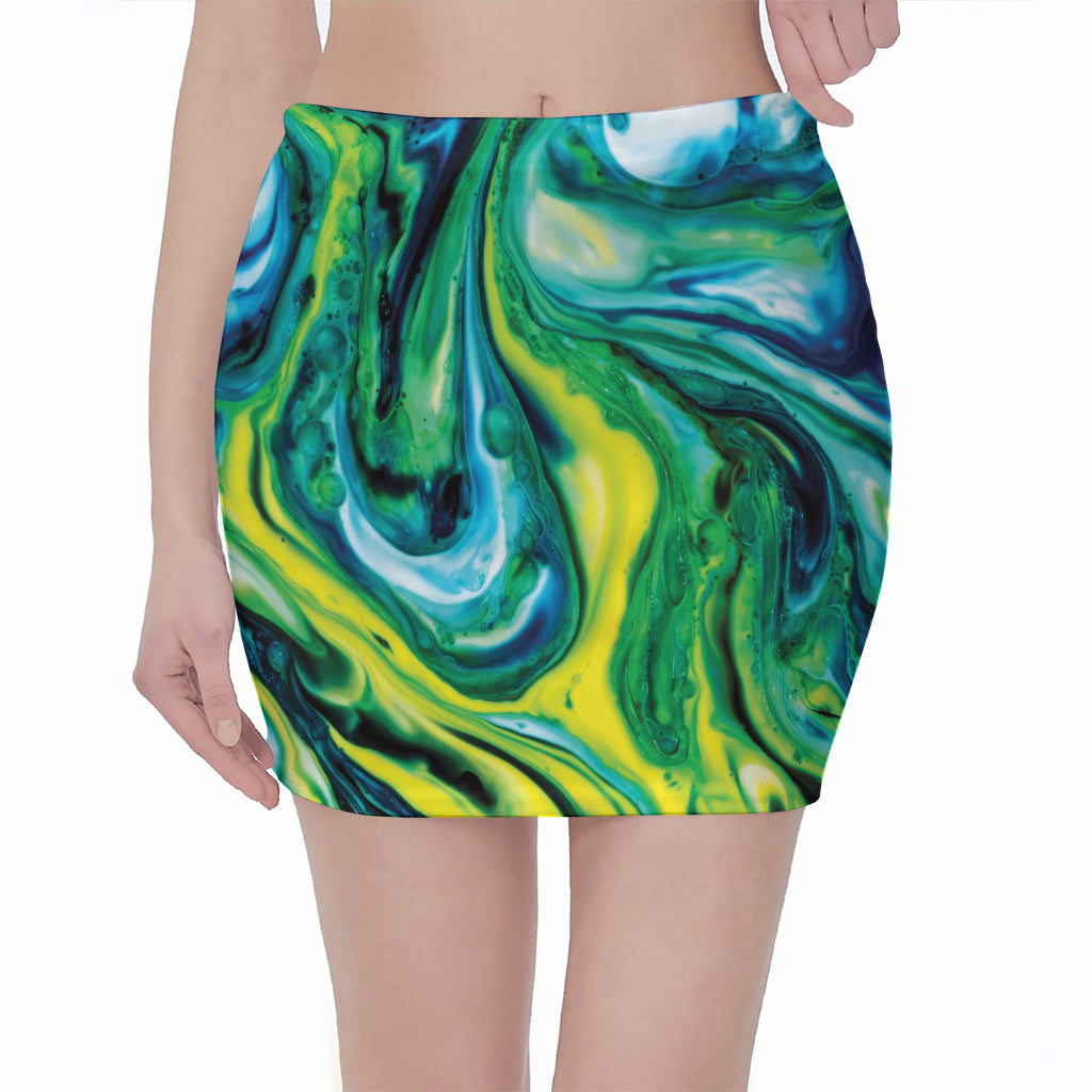 Blue And Green Acid Melt Print Pencil Mini Skirt