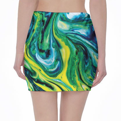 Blue And Green Acid Melt Print Pencil Mini Skirt
