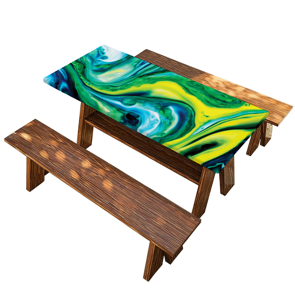 Blue And Green Acid Melt Print Picnic Table Cover