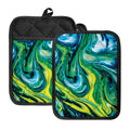 Blue And Green Acid Melt Print Pot Holders With Pocket
