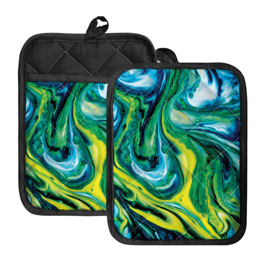 Blue And Green Acid Melt Print Pot Holders With Pocket