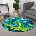 Blue And Green Acid Melt Print Round Rug