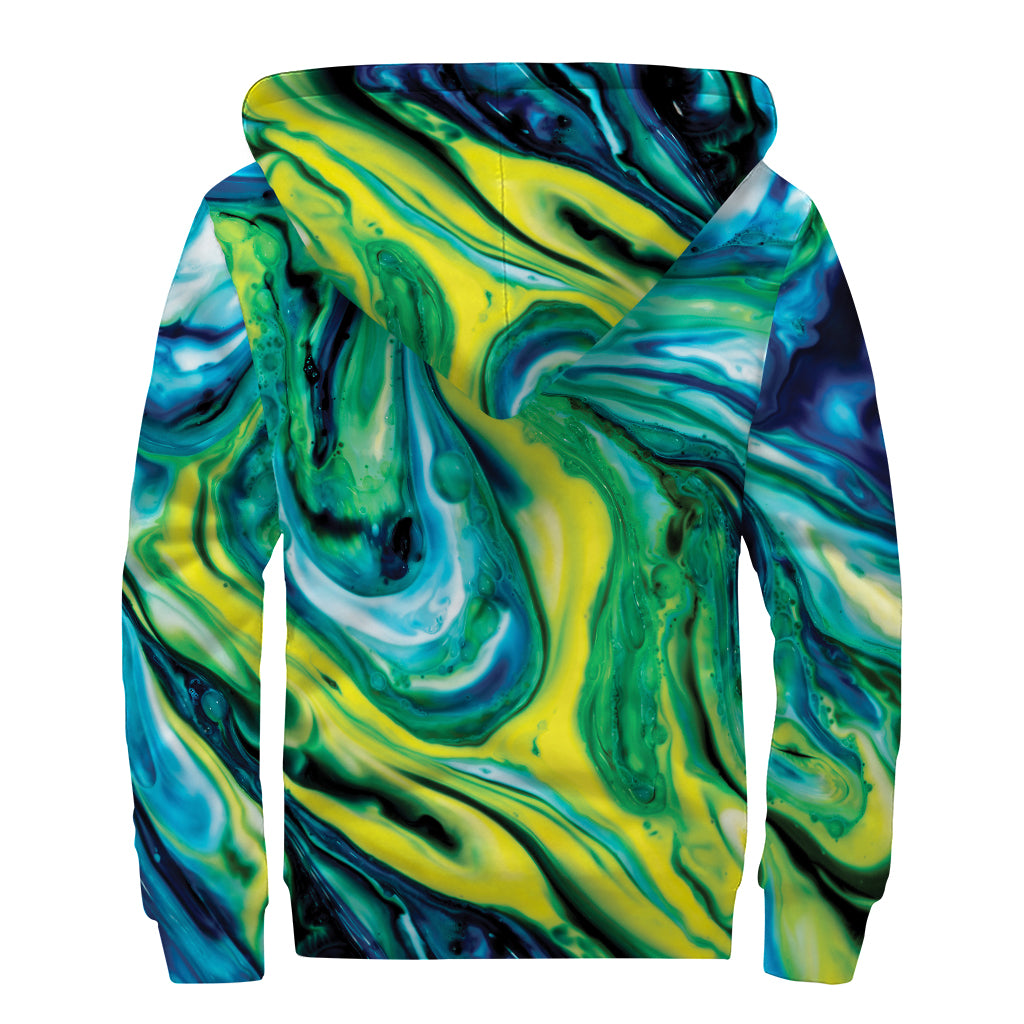 Blue And Green Acid Melt Print Sherpa Lined Zip Up Hoodie